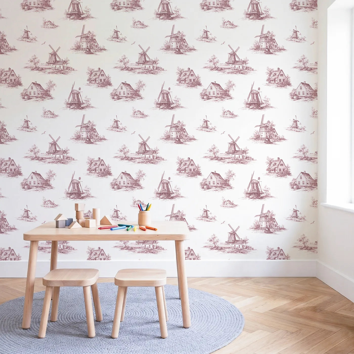 Windmill Toile Scene in Pink wallpaper in a styled nursery - Whimsy Tots