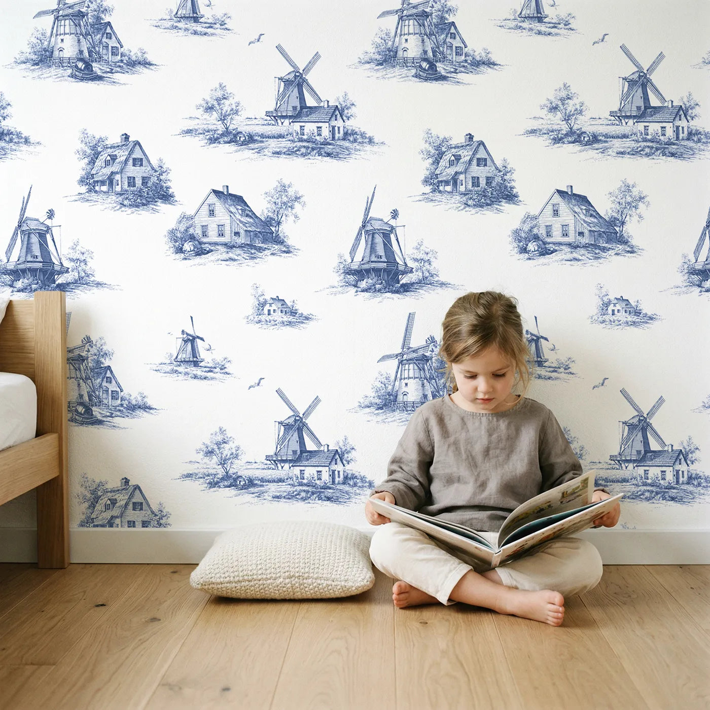 Windmill Toile Scene wallpaper in a cozy kids room - Whimsy Tots