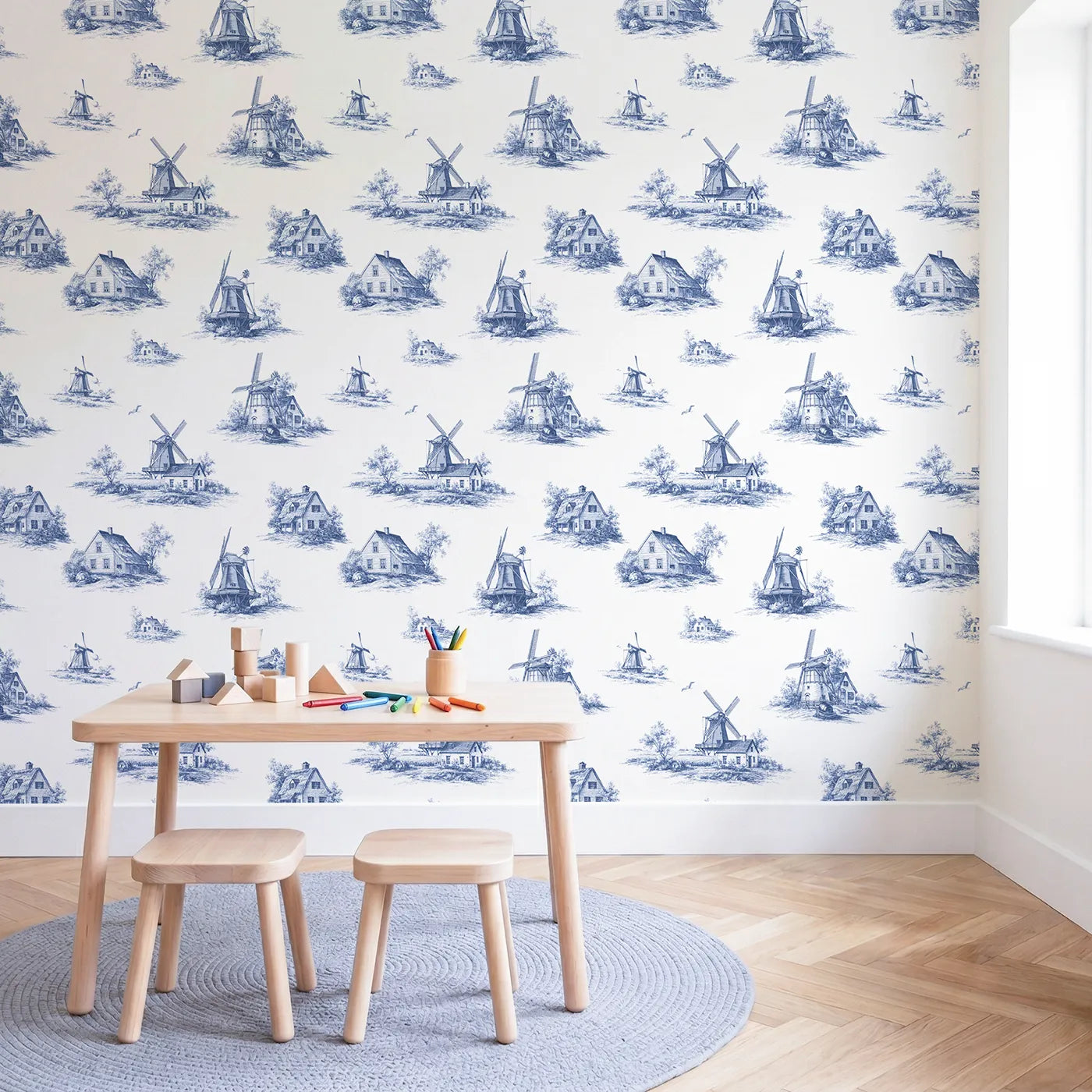 Windmill Toile Scene wallpaper in a styled nursery - Whimsy Tots
