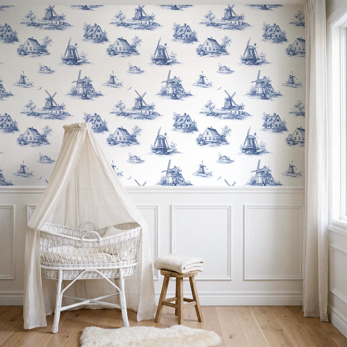 Windmill Toile Scene wallpaper above wainscoting - Whimsy Tots