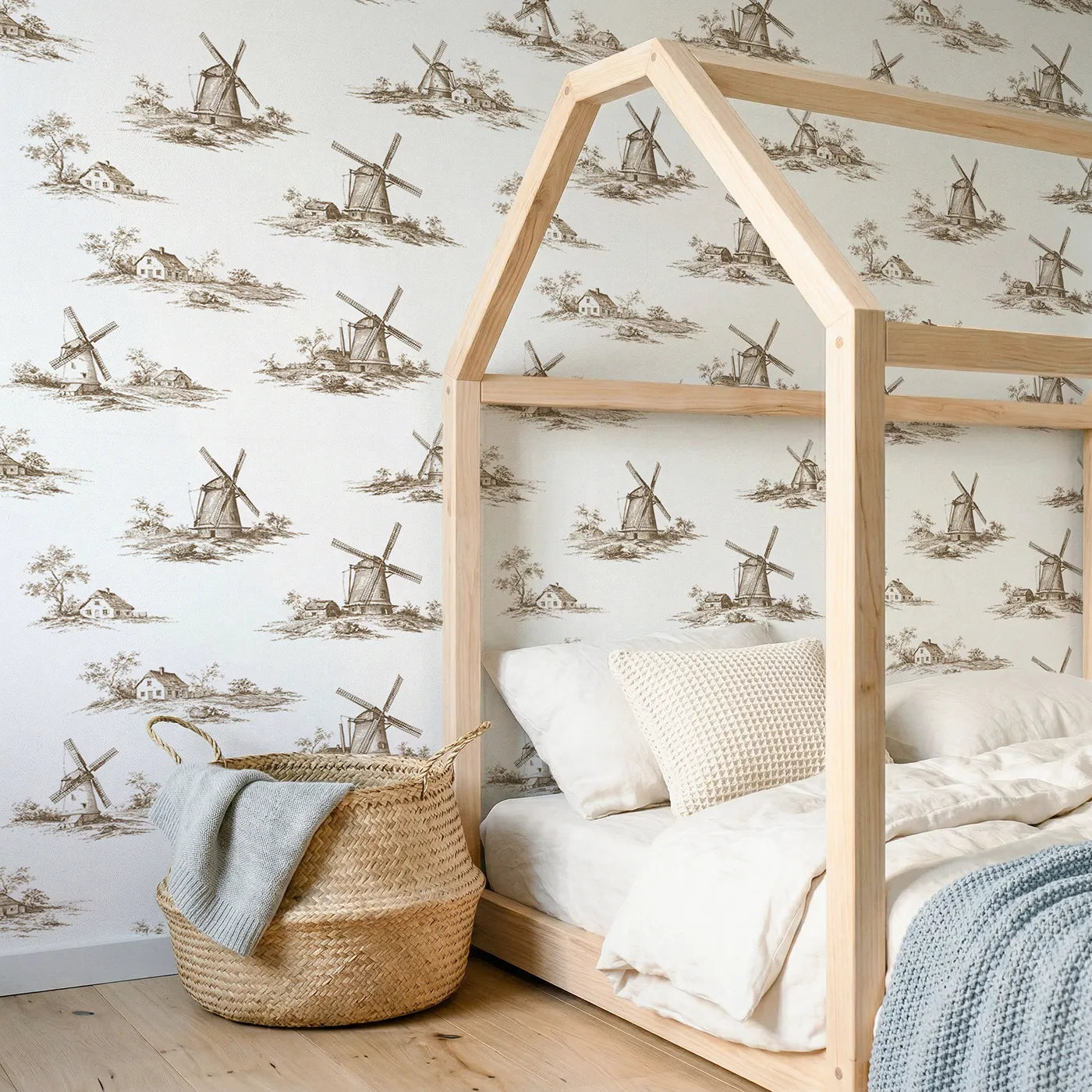 Windmill Toile Garden in Brown wallpaper in a styled nursery - Whimsy Tots