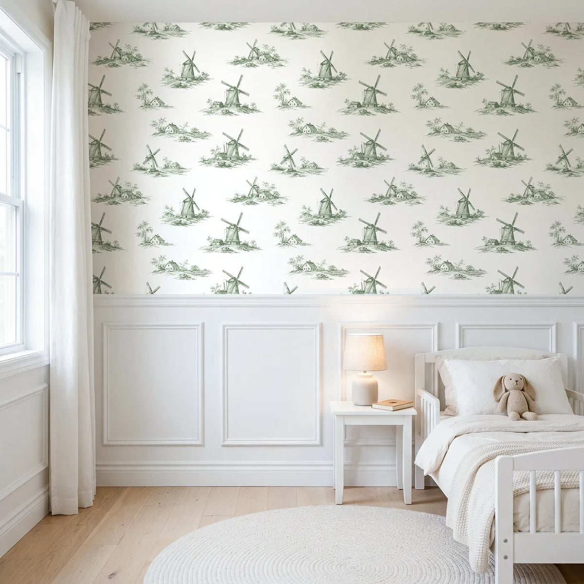 Windmill Toile Garden in Green wallpaper above wainscoting - Whimsy Tots