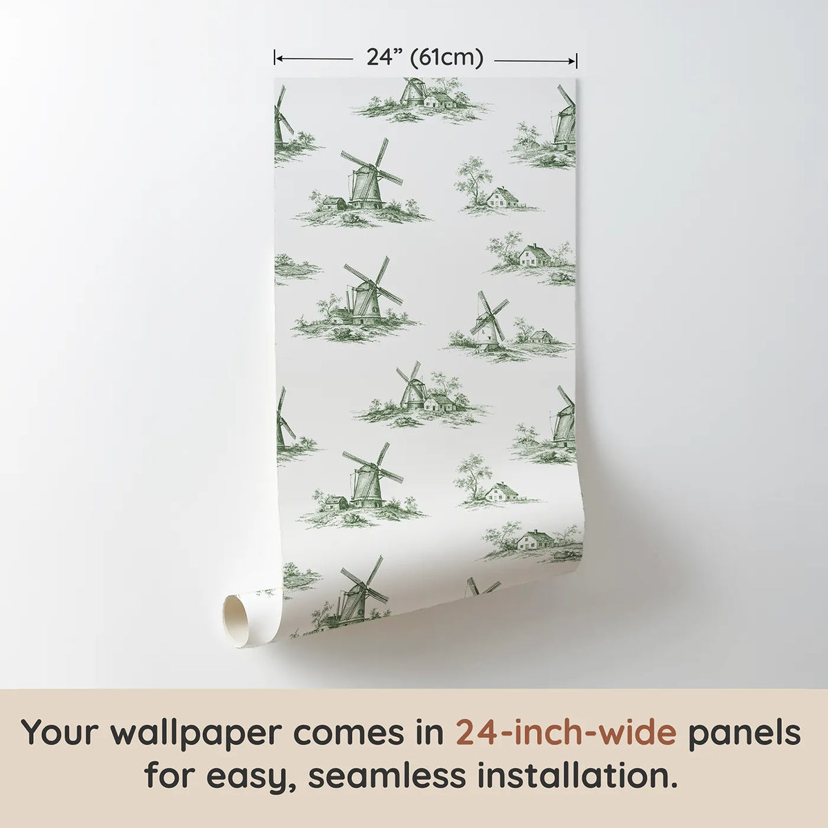Windmill Toile Garden in Green wallpaper panel dimensions - Whimsy Tots