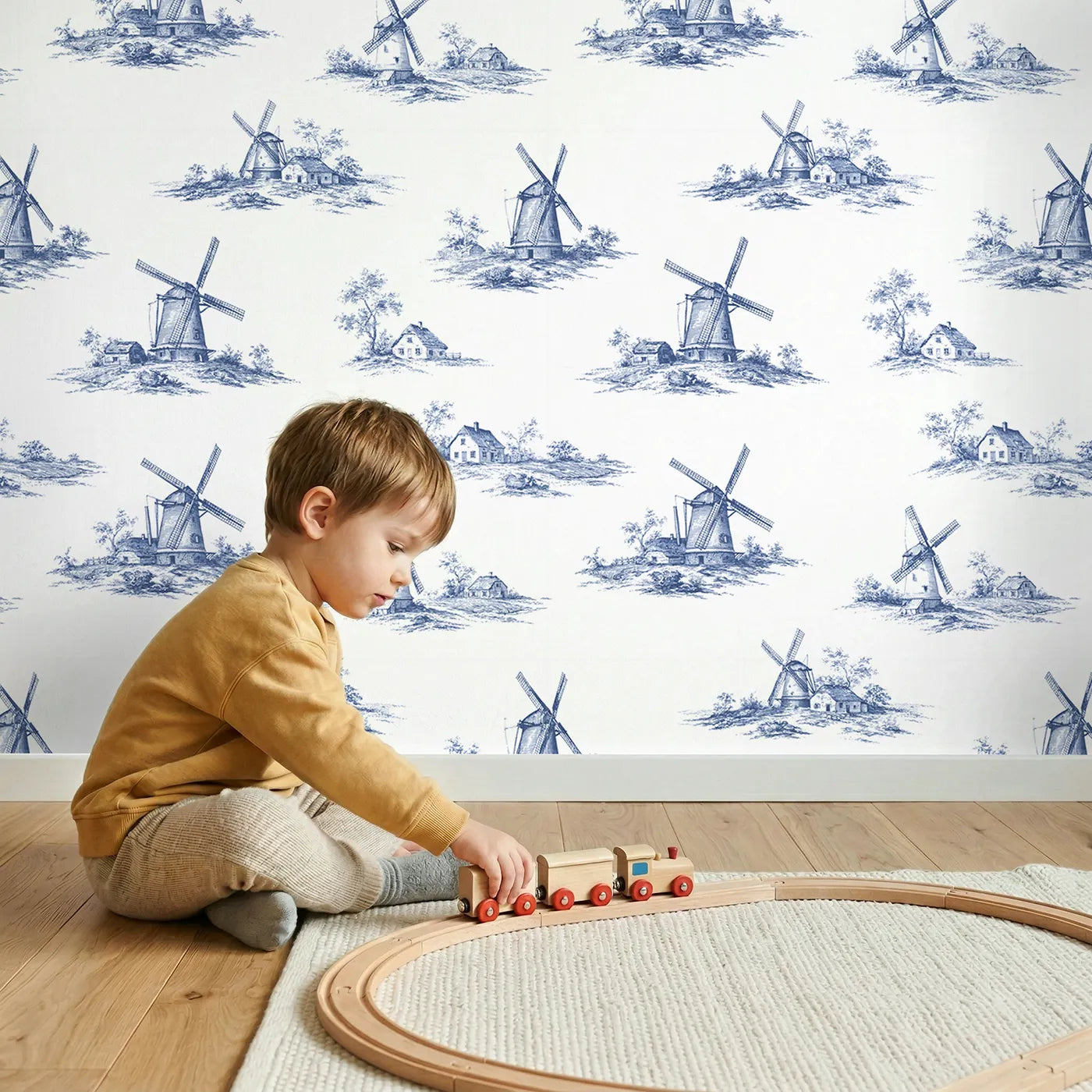 Windmill Toile Garden wallpaper in a cozy kids room - Whimsy Tots