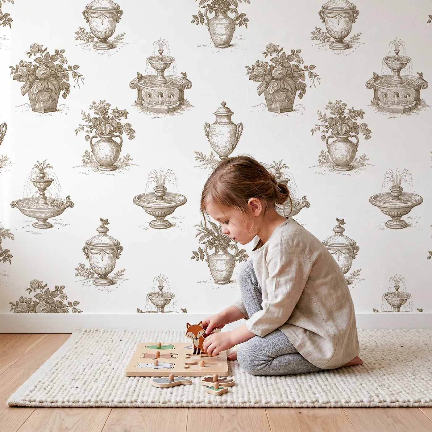 Fountain Toile Toss in Brown wallpaper in a cozy kids room - Whimsy Tots