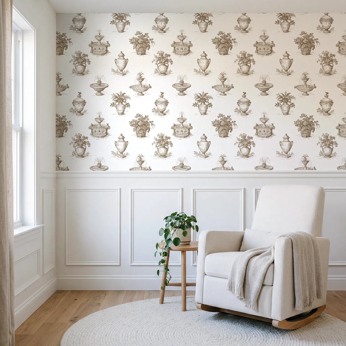 Fountain Toile Toss in Brown wallpaper above wainscoting - Whimsy Tots