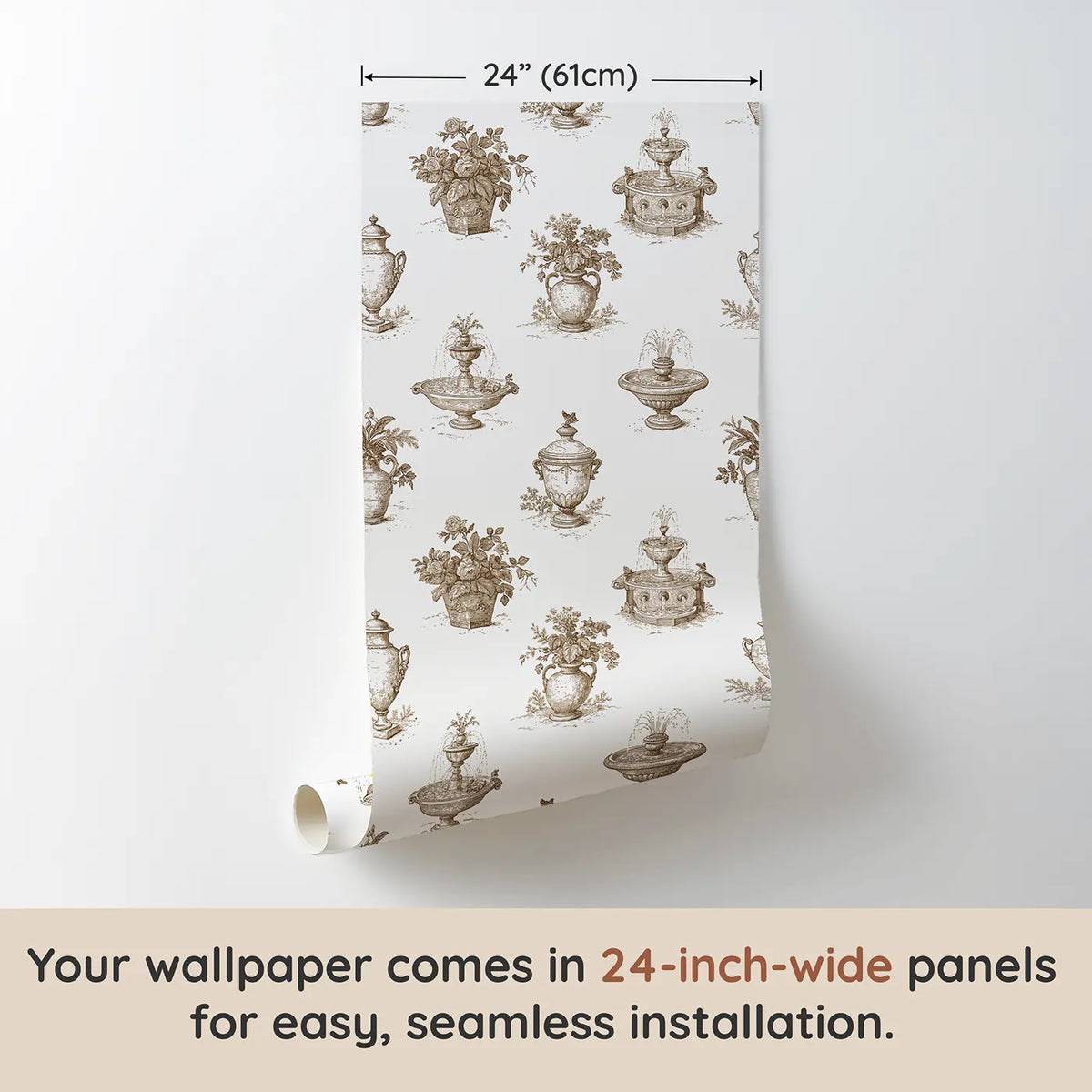 Fountain Toile Toss in Brown wallpaper panel dimensions - Whimsy Tots