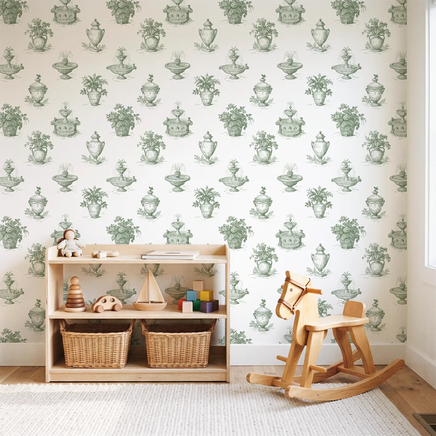 Fountain Toile Toss in Green wallpaper in a styled nursery - Whimsy Tots