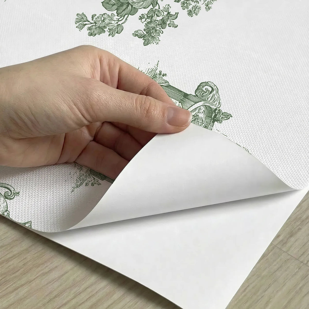 Fountain Toile Toss in Green peel and stick material close-up - Whimsy Tots