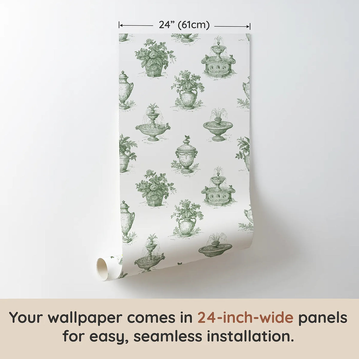 Fountain Toile Toss in Green wallpaper panel dimensions - Whimsy Tots