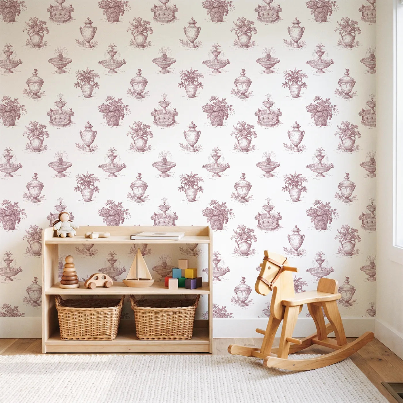 Fountain Toile Toss in Pink wallpaper in a styled nursery - Whimsy Tots