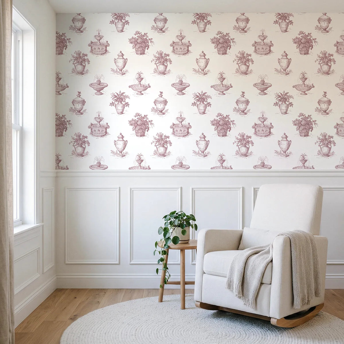 Fountain Toile Toss in Pink wallpaper above wainscoting - Whimsy Tots