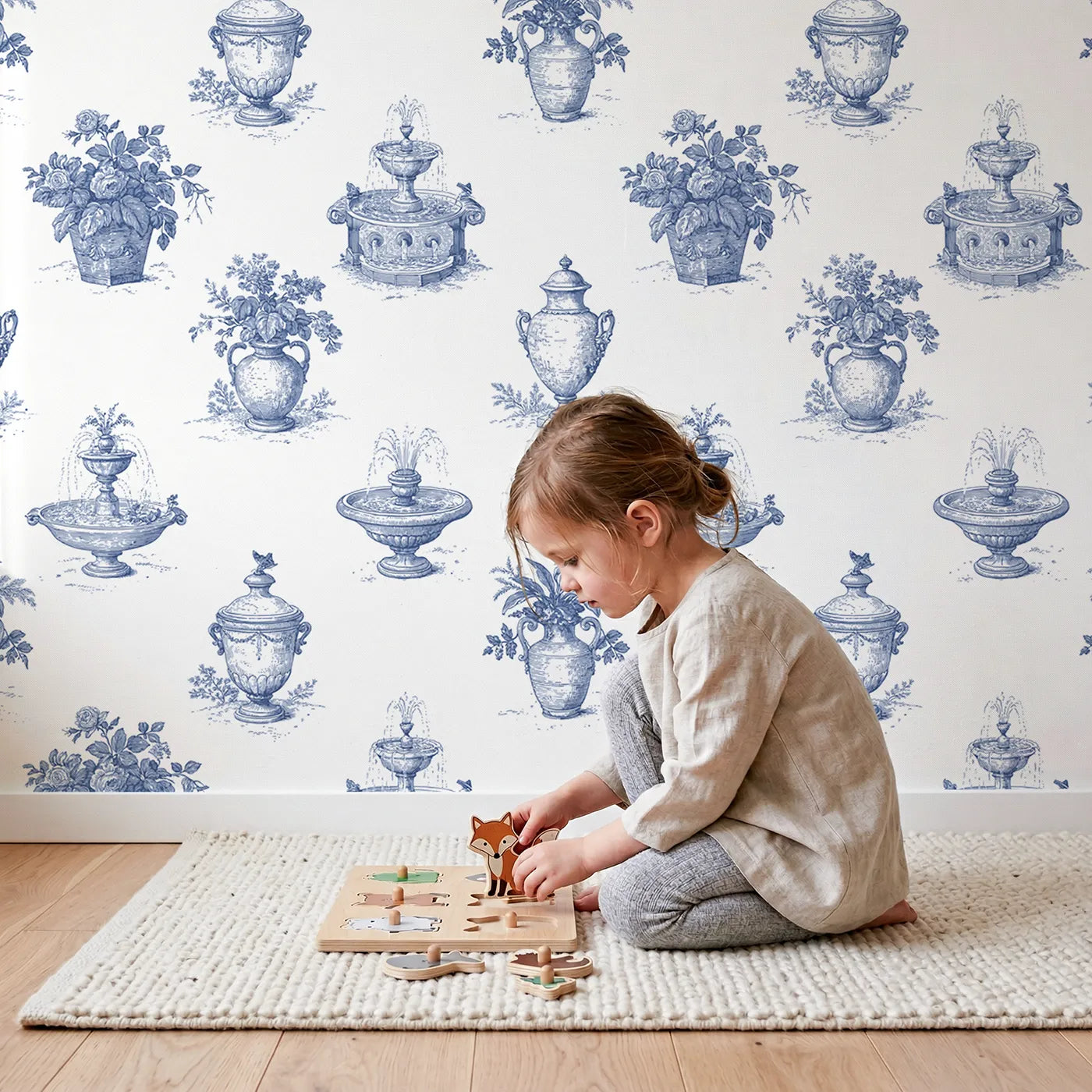 Fountain Toile Toss wallpaper in a cozy kids room - Whimsy Tots