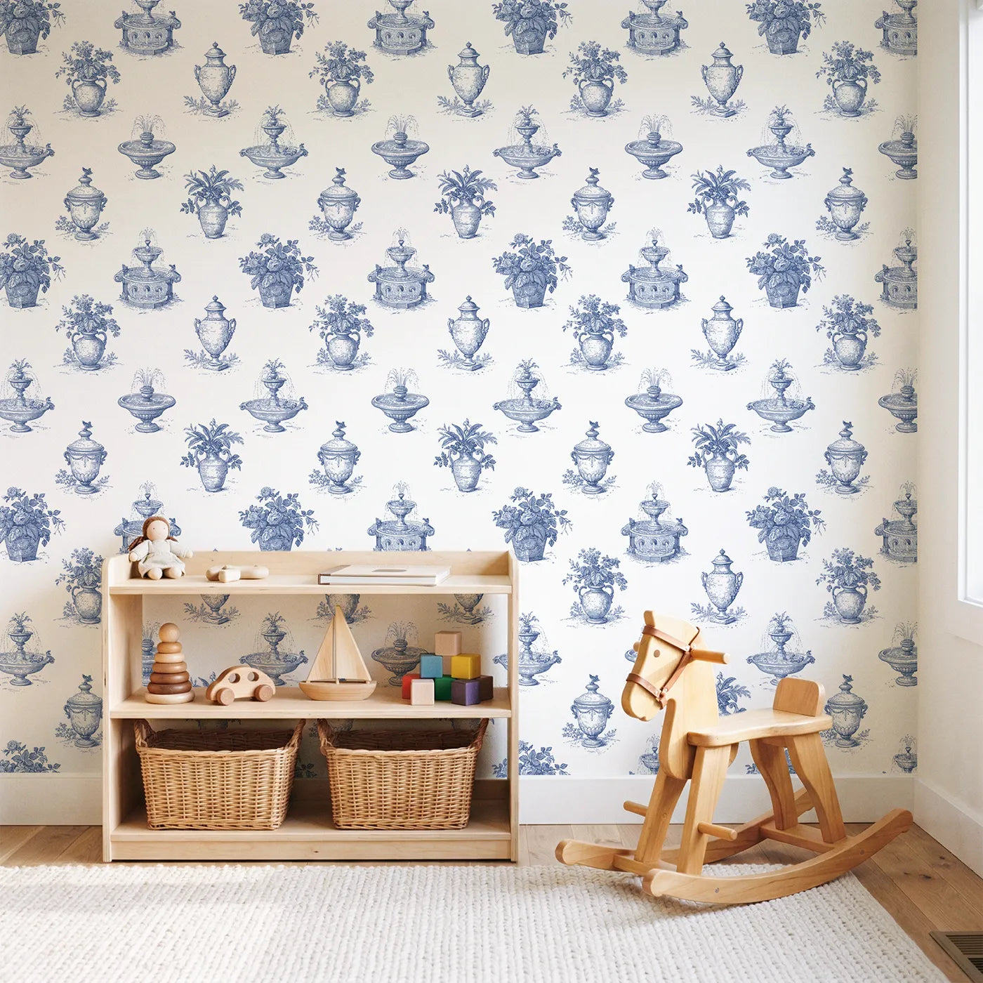 Fountain Toile Toss wallpaper in a styled nursery - Whimsy Tots
