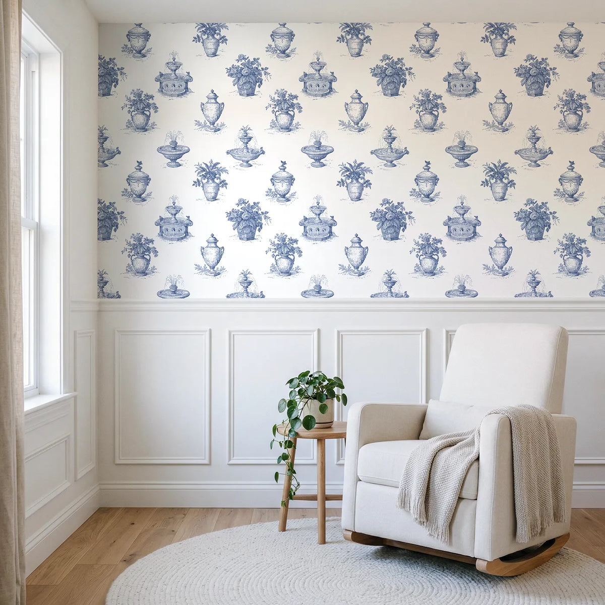 Fountain Toile Toss wallpaper above wainscoting - Whimsy Tots