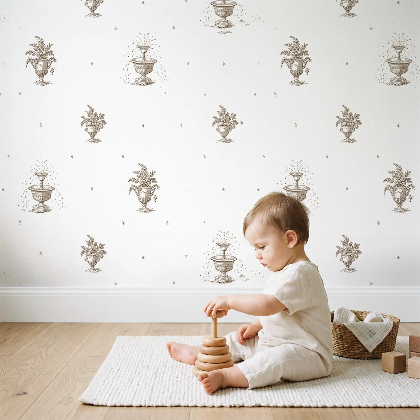 Fountain Toile Rows in Brown wallpaper in a cozy kids room - Whimsy Tots
