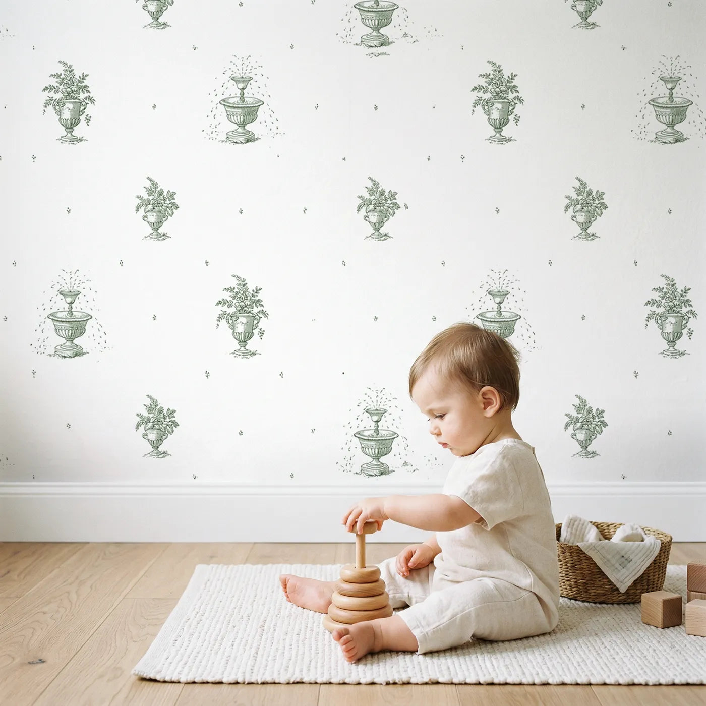 Fountain Toile Rows in Green wallpaper in a cozy kids room - Whimsy Tots