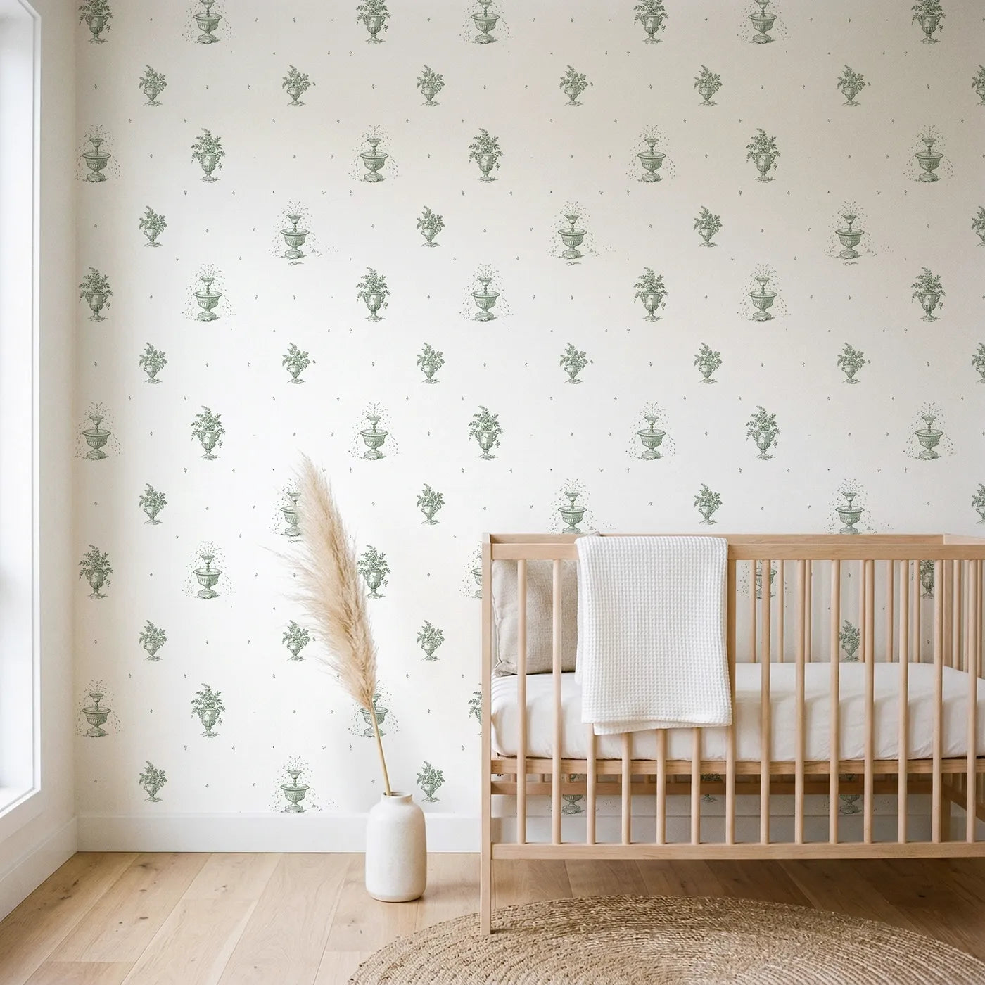 Fountain Toile Rows in Green wallpaper in a styled nursery - Whimsy Tots