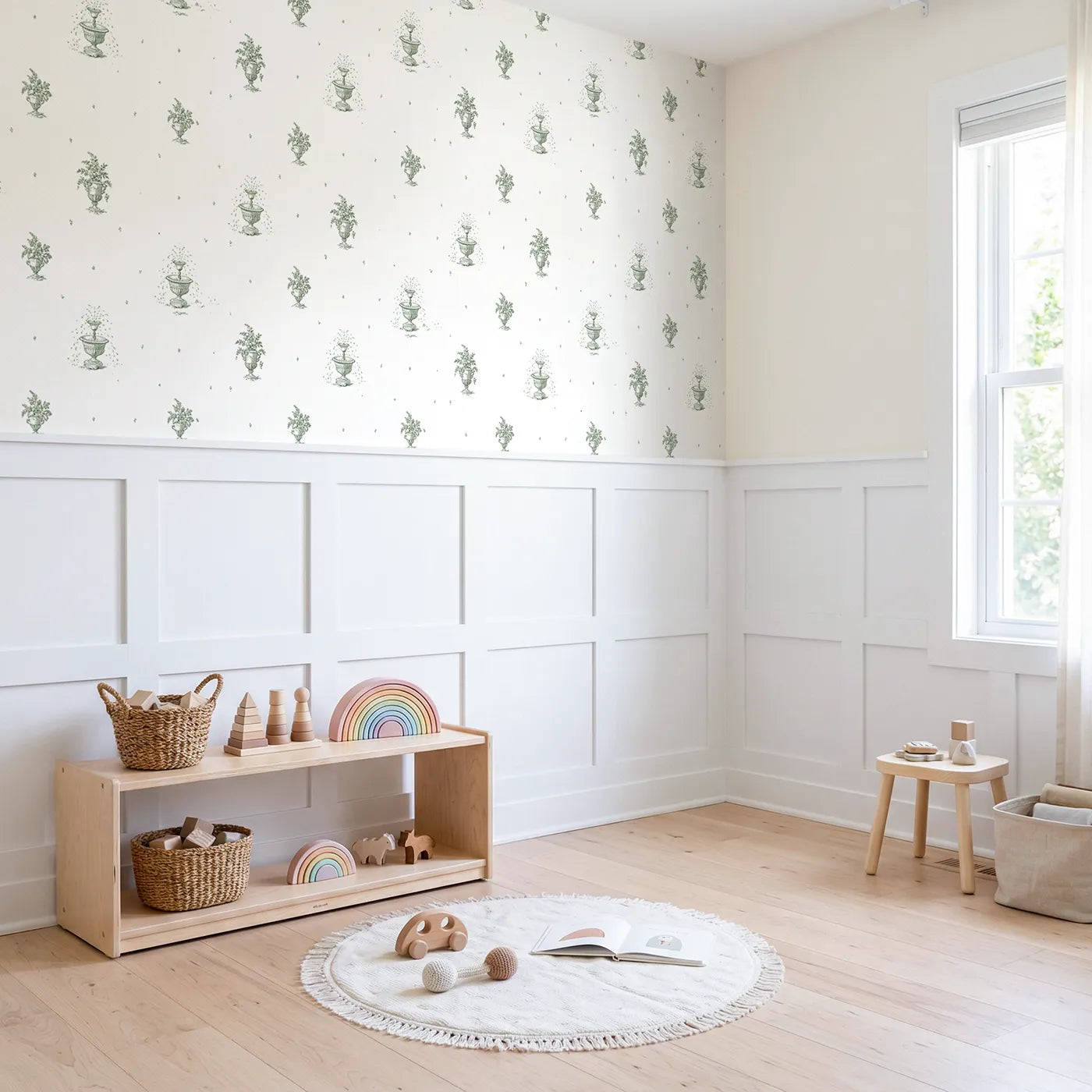 Fountain Toile Rows in Green wallpaper above wainscoting - Whimsy Tots