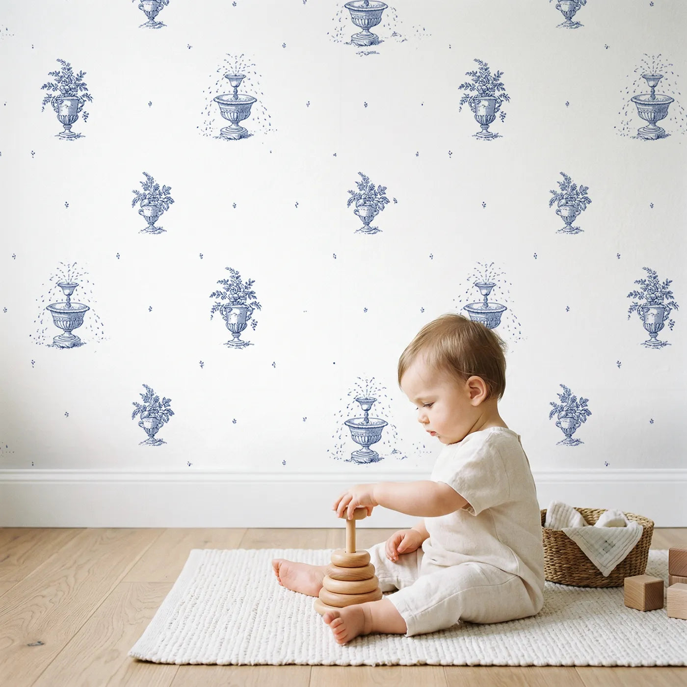 Fountain Toile Rows wallpaper in a cozy kids room - Whimsy Tots