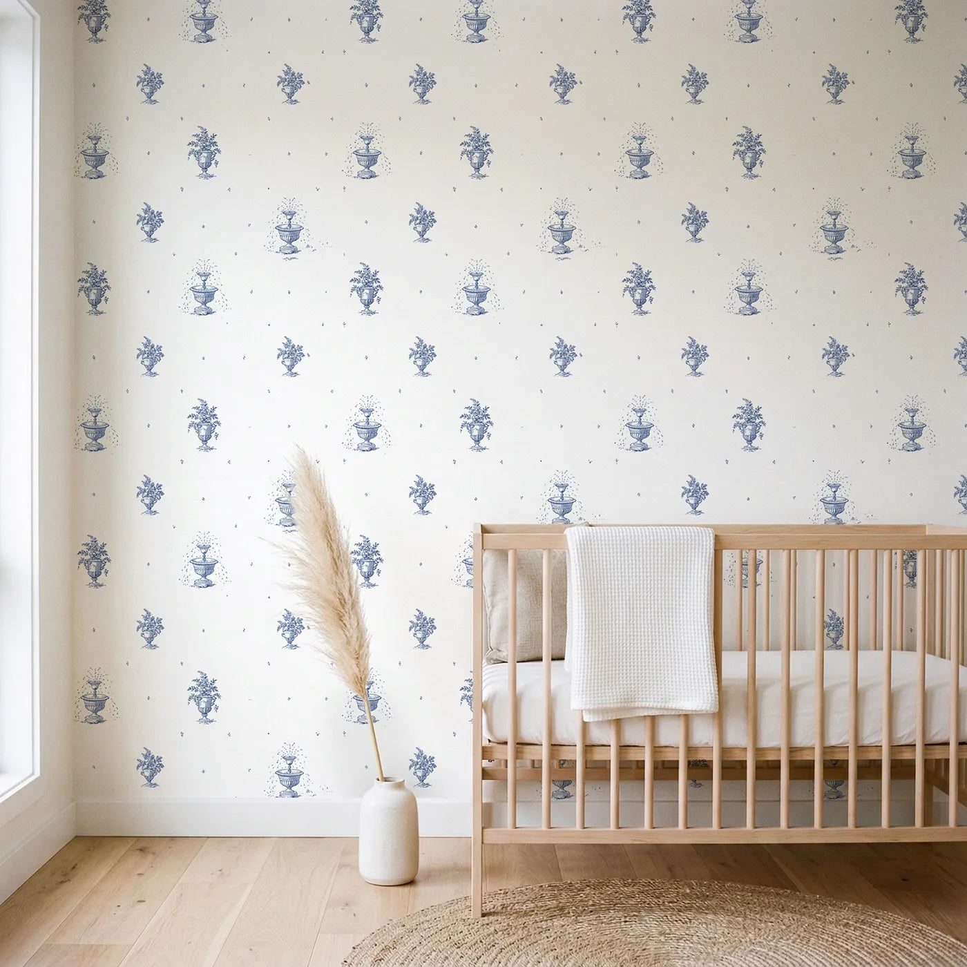 Fountain Toile Rows wallpaper in a styled nursery - Whimsy Tots
