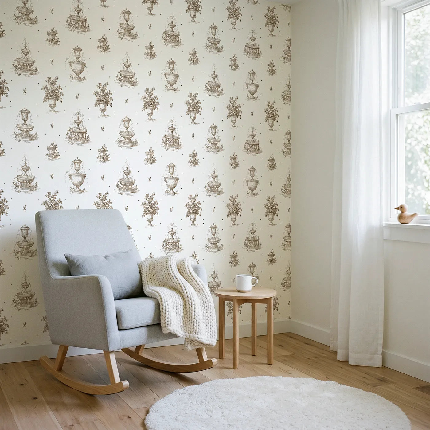Fountain Toile Drop in Brown wallpaper in a styled nursery - Whimsy Tots