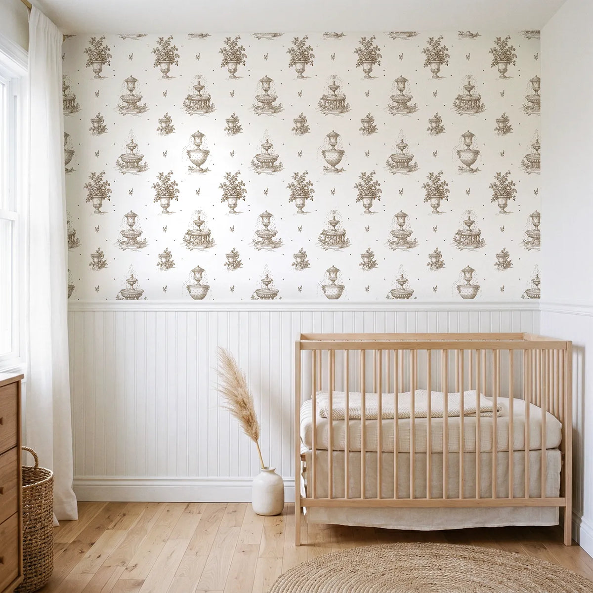 Fountain Toile Drop in Brown wallpaper above wainscoting - Whimsy Tots