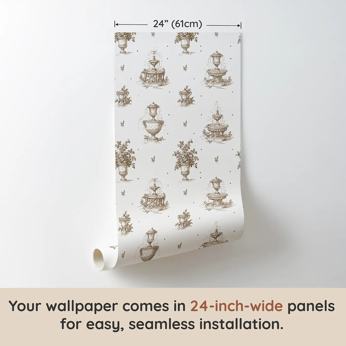 Fountain Toile Drop in Brown wallpaper panel dimensions - Whimsy Tots