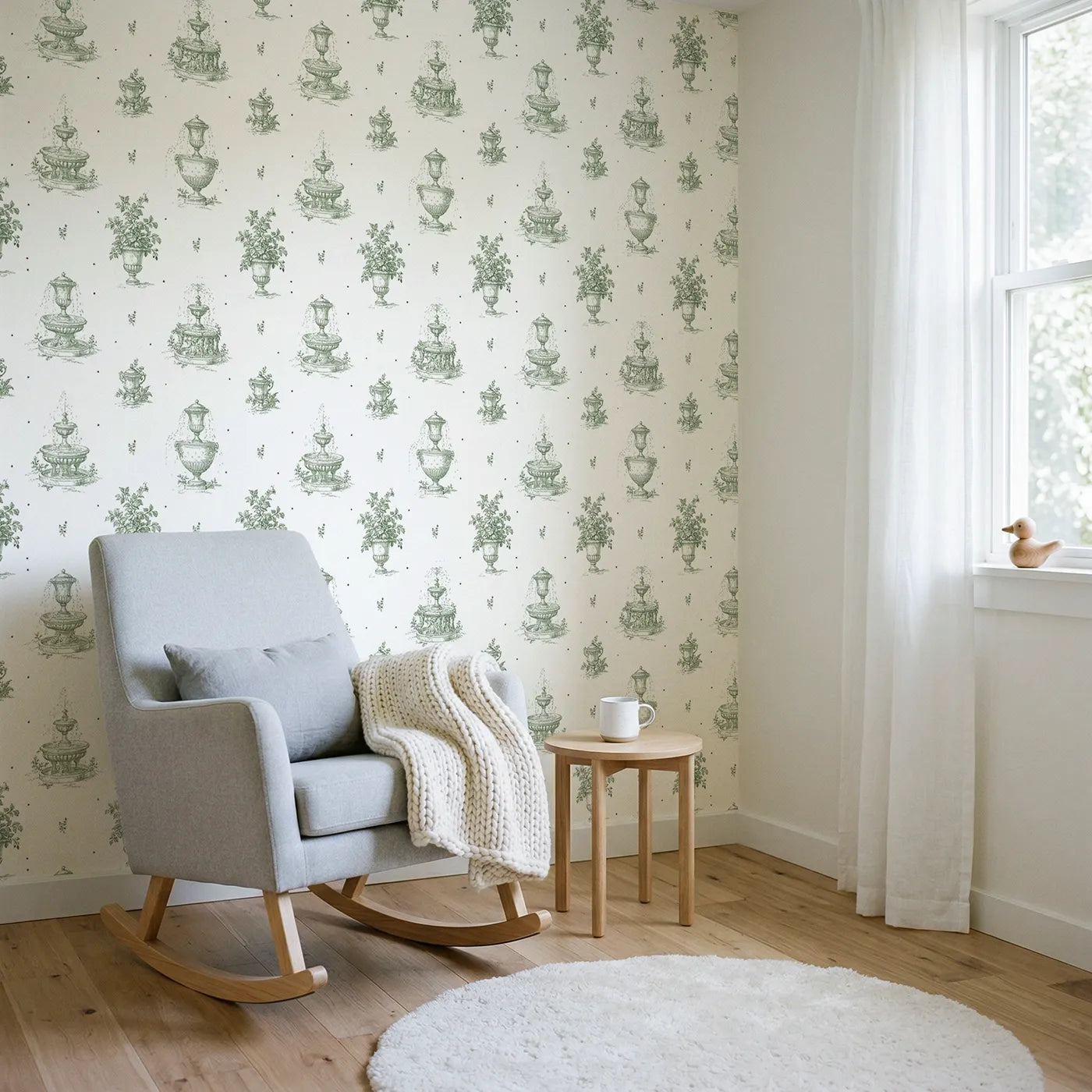 Fountain Toile Drop in Green wallpaper in a styled nursery - Whimsy Tots