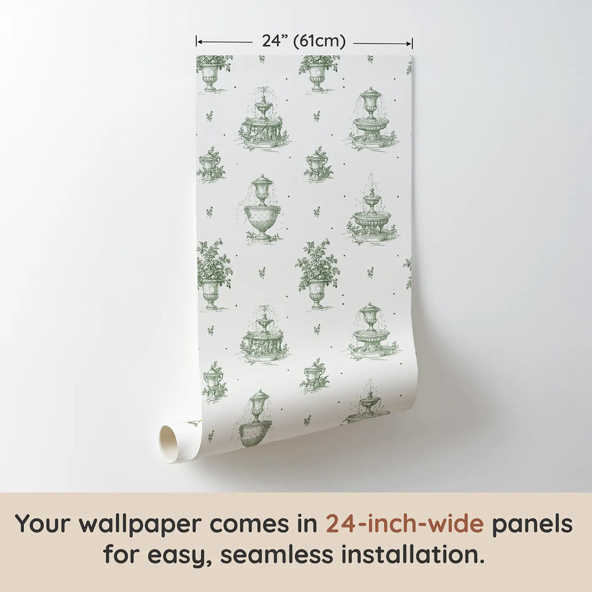 Fountain Toile Drop in Green wallpaper panel dimensions - Whimsy Tots