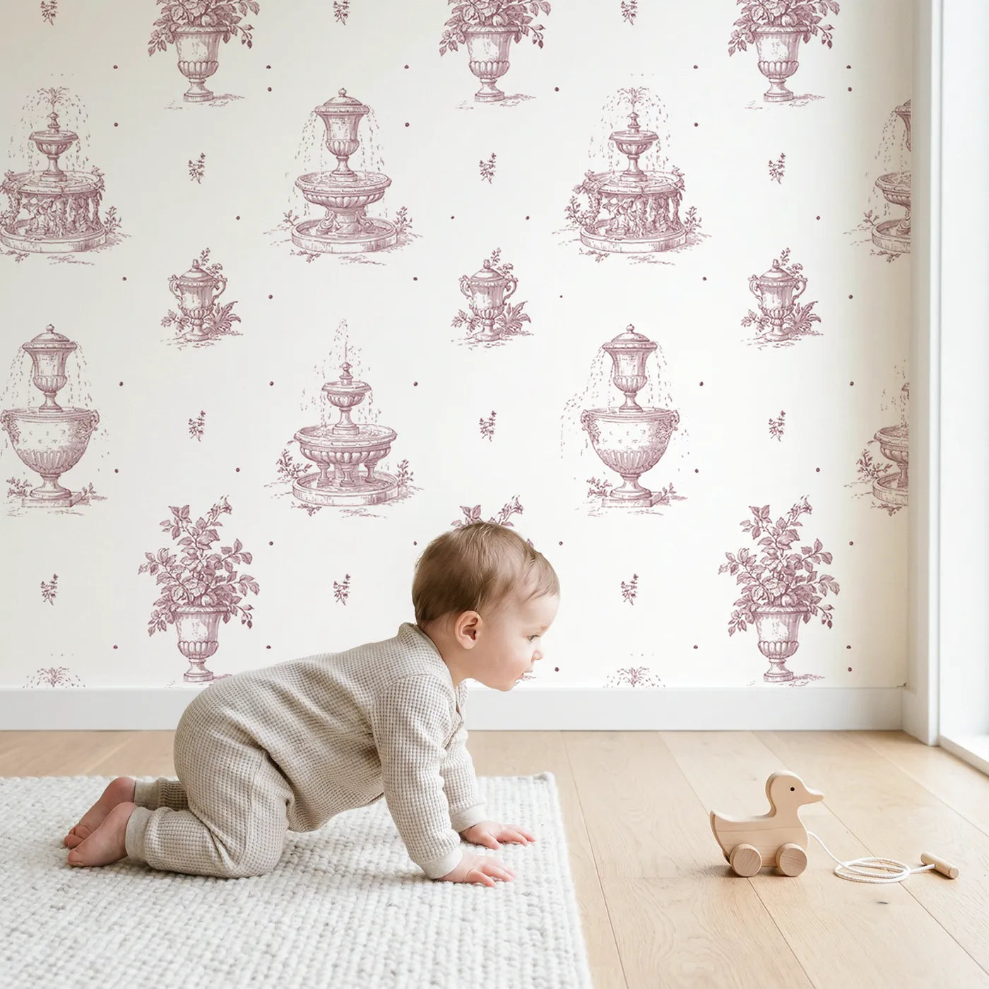 Fountain Toile Drop in Pink wallpaper in a cozy kids room - Whimsy Tots
