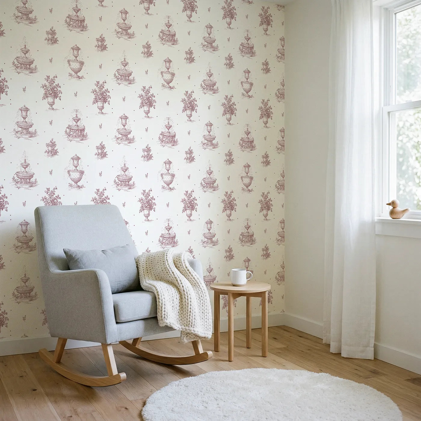 Fountain Toile Drop in Pink wallpaper in a styled nursery - Whimsy Tots