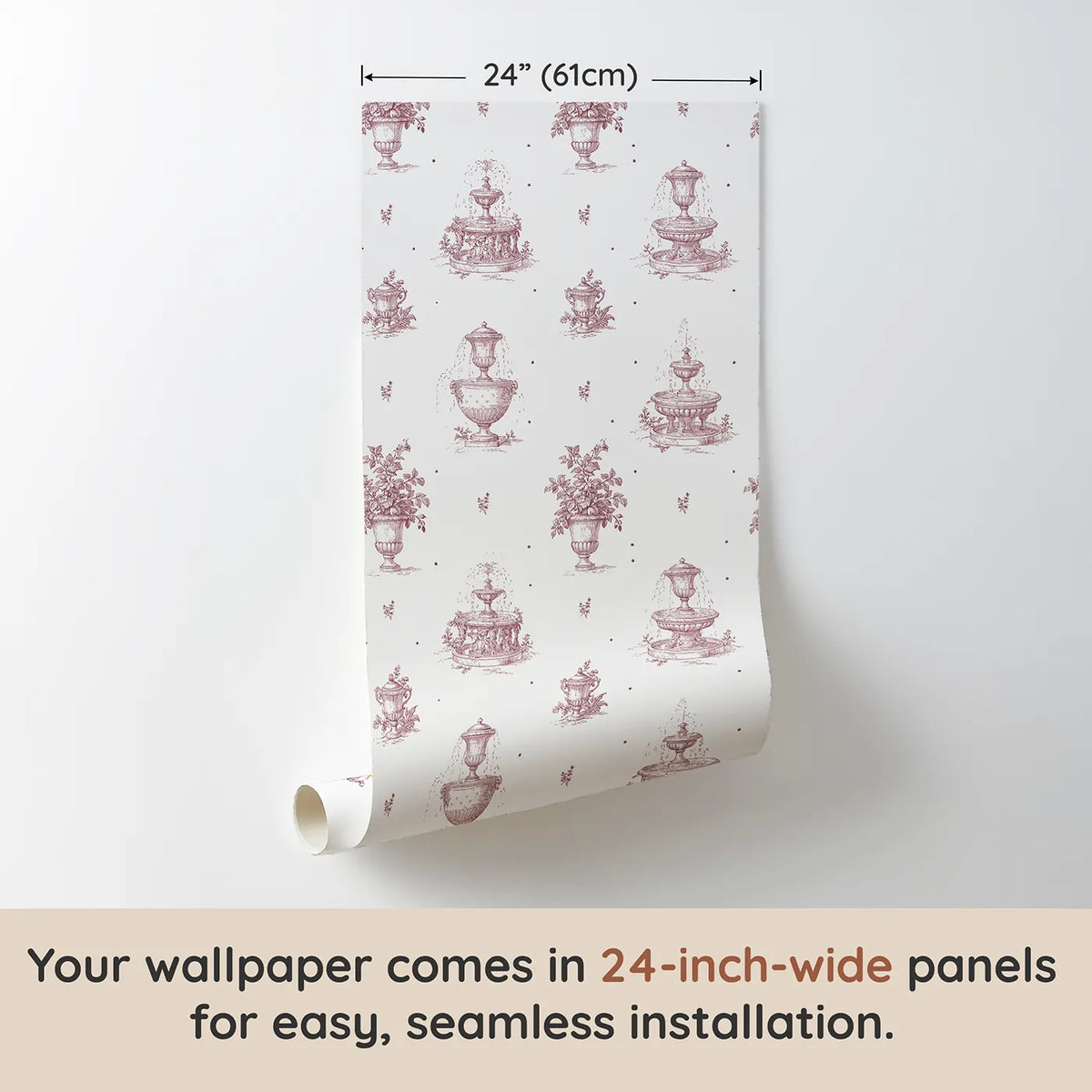 Fountain Toile Drop in Pink wallpaper panel dimensions - Whimsy Tots