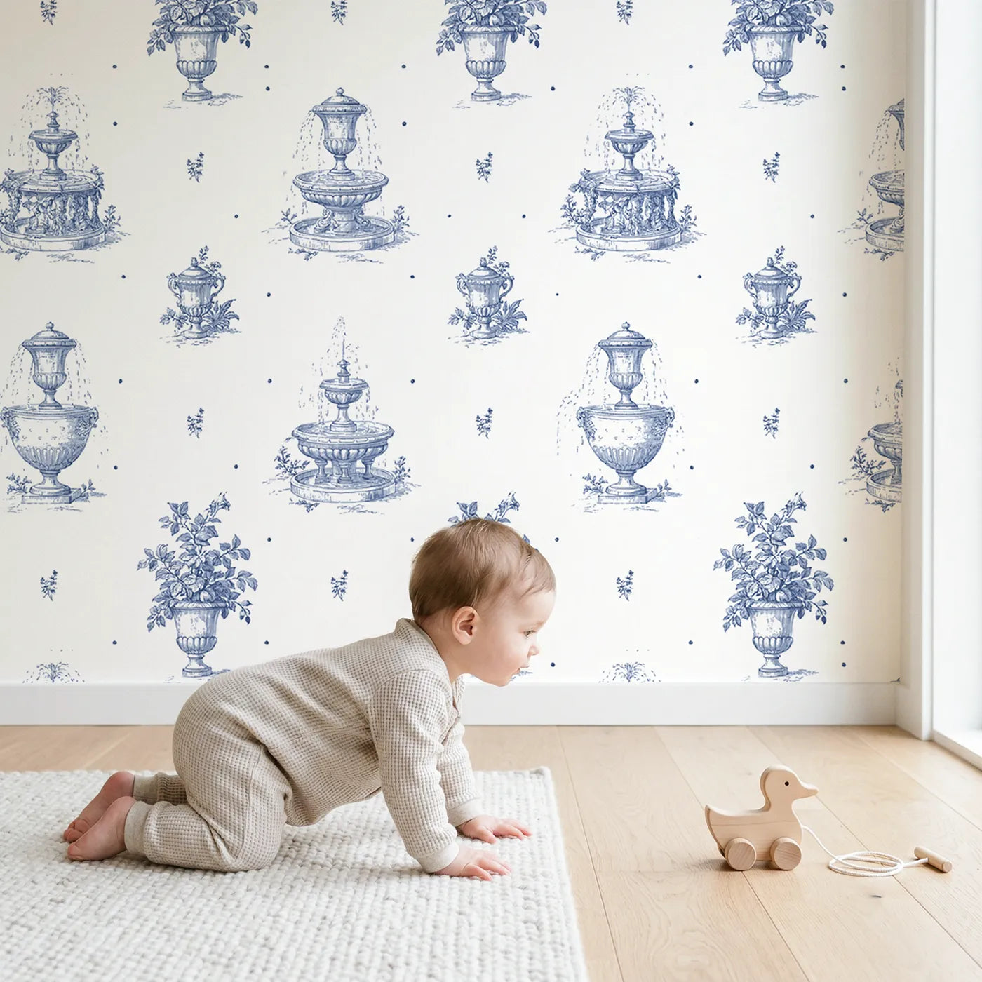 Fountain Toile Drop wallpaper in a cozy kids room - Whimsy Tots