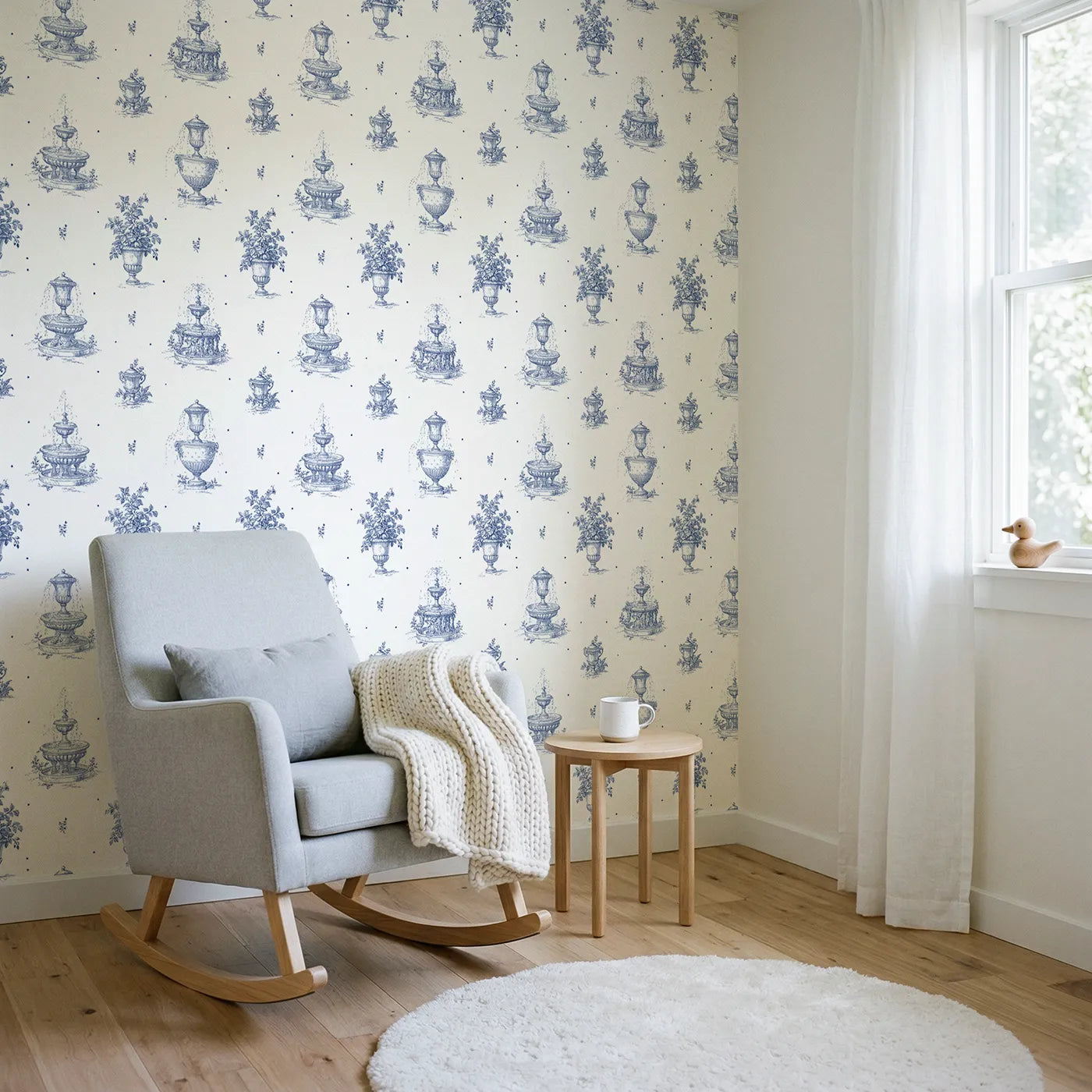 Fountain Toile Drop wallpaper in a styled nursery - Whimsy Tots