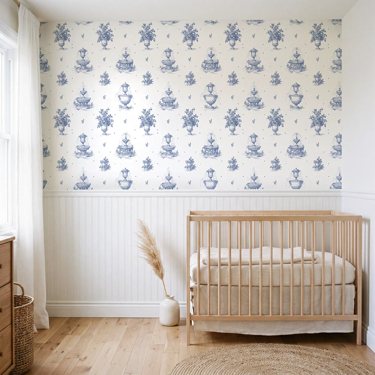 Fountain Toile Drop wallpaper above wainscoting - Whimsy Tots
