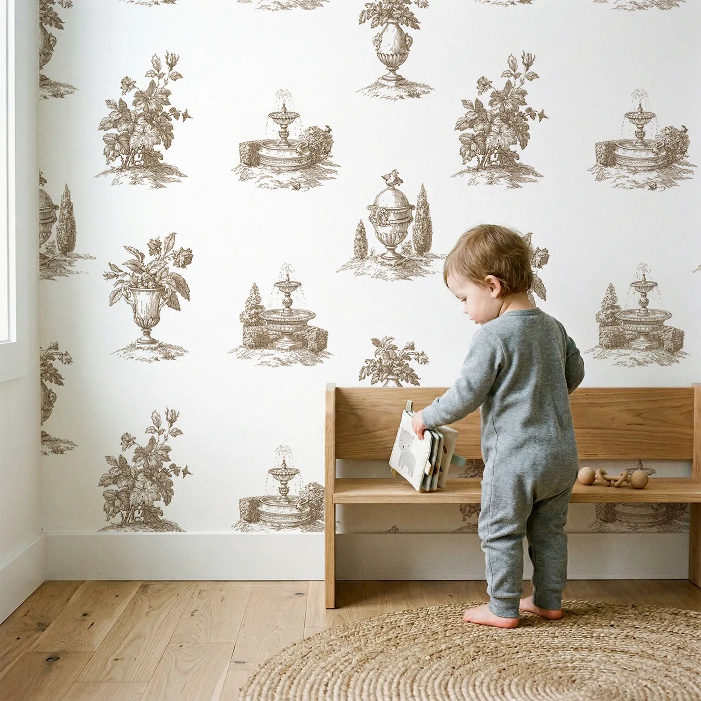 Fountain Toile Scene in Brown wallpaper in a cozy kids room - Whimsy Tots