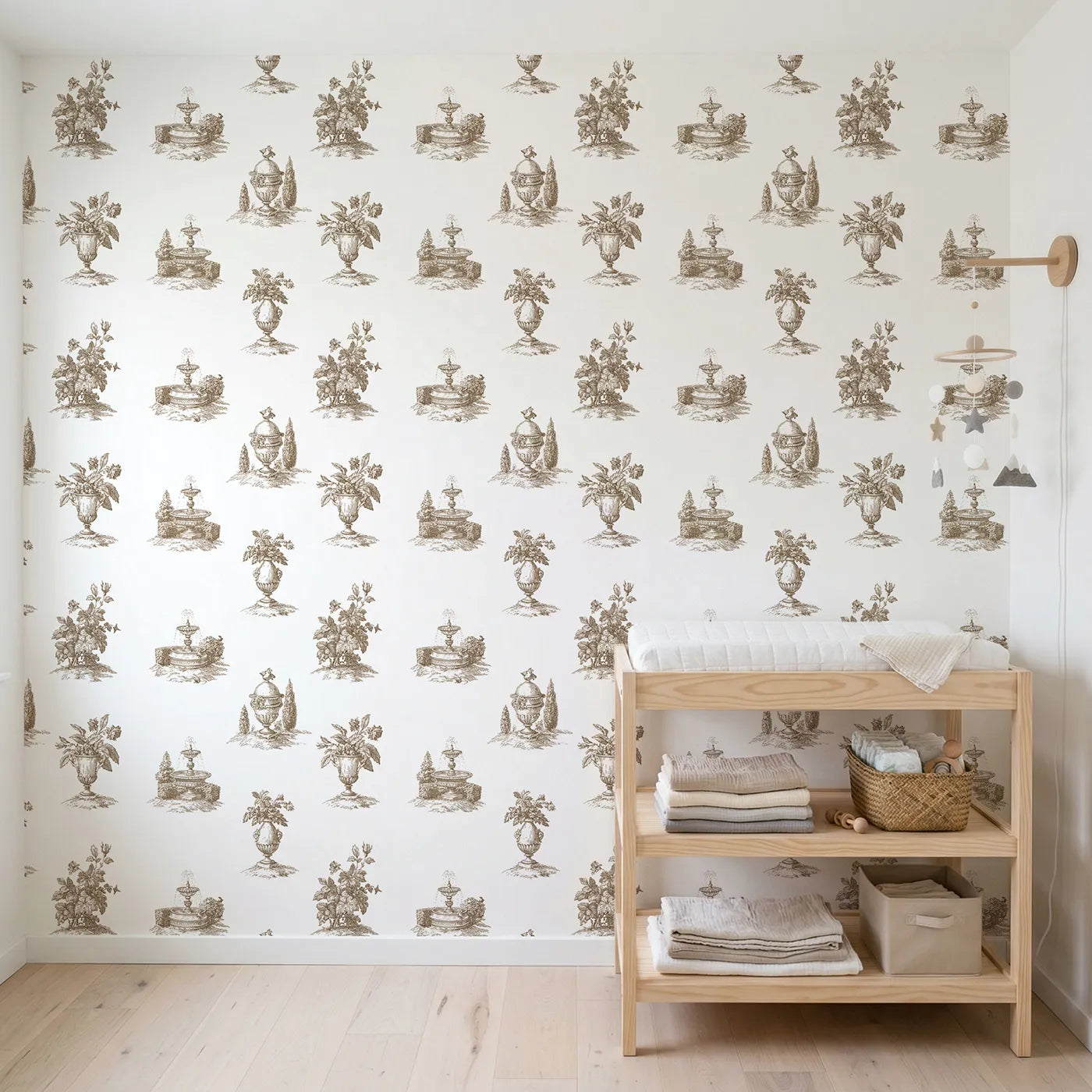 Fountain Toile Scene in Brown wallpaper in a styled nursery - Whimsy Tots
