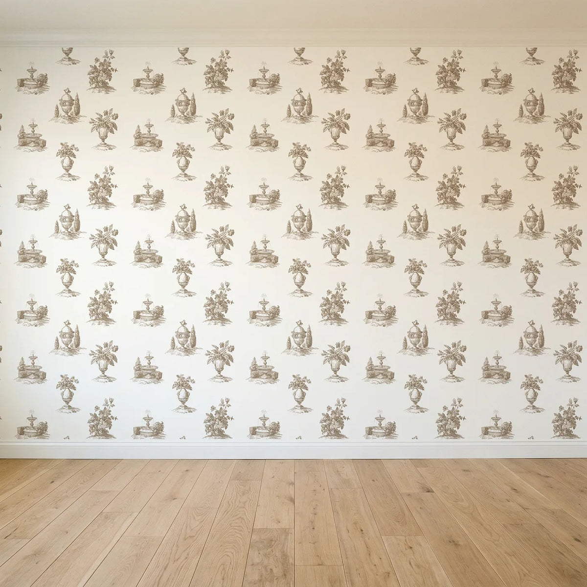 Fountain Toile Scene in Brown seamless wallpaper full pattern - Whimsy Tots