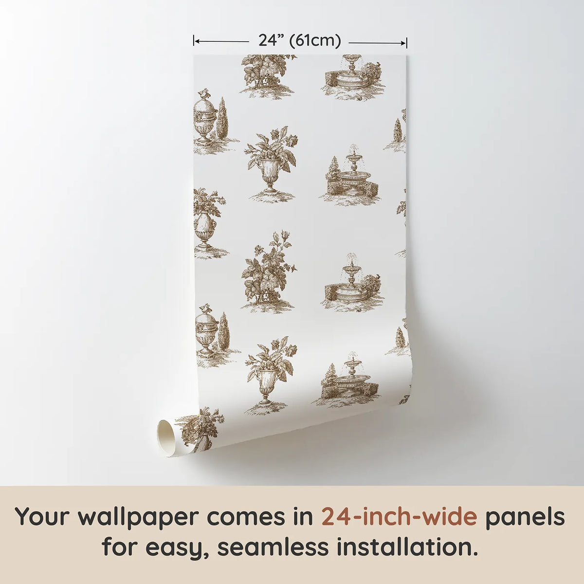 Fountain Toile Scene in Brown wallpaper panel dimensions - Whimsy Tots