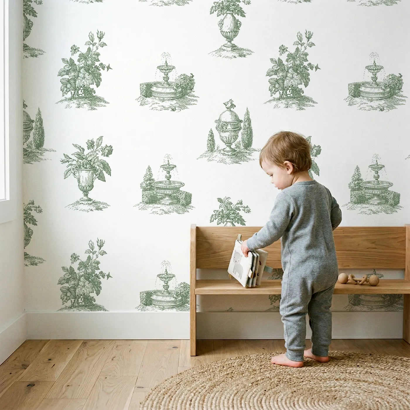 Fountain Toile Scene in Green wallpaper in a cozy kids room - Whimsy Tots