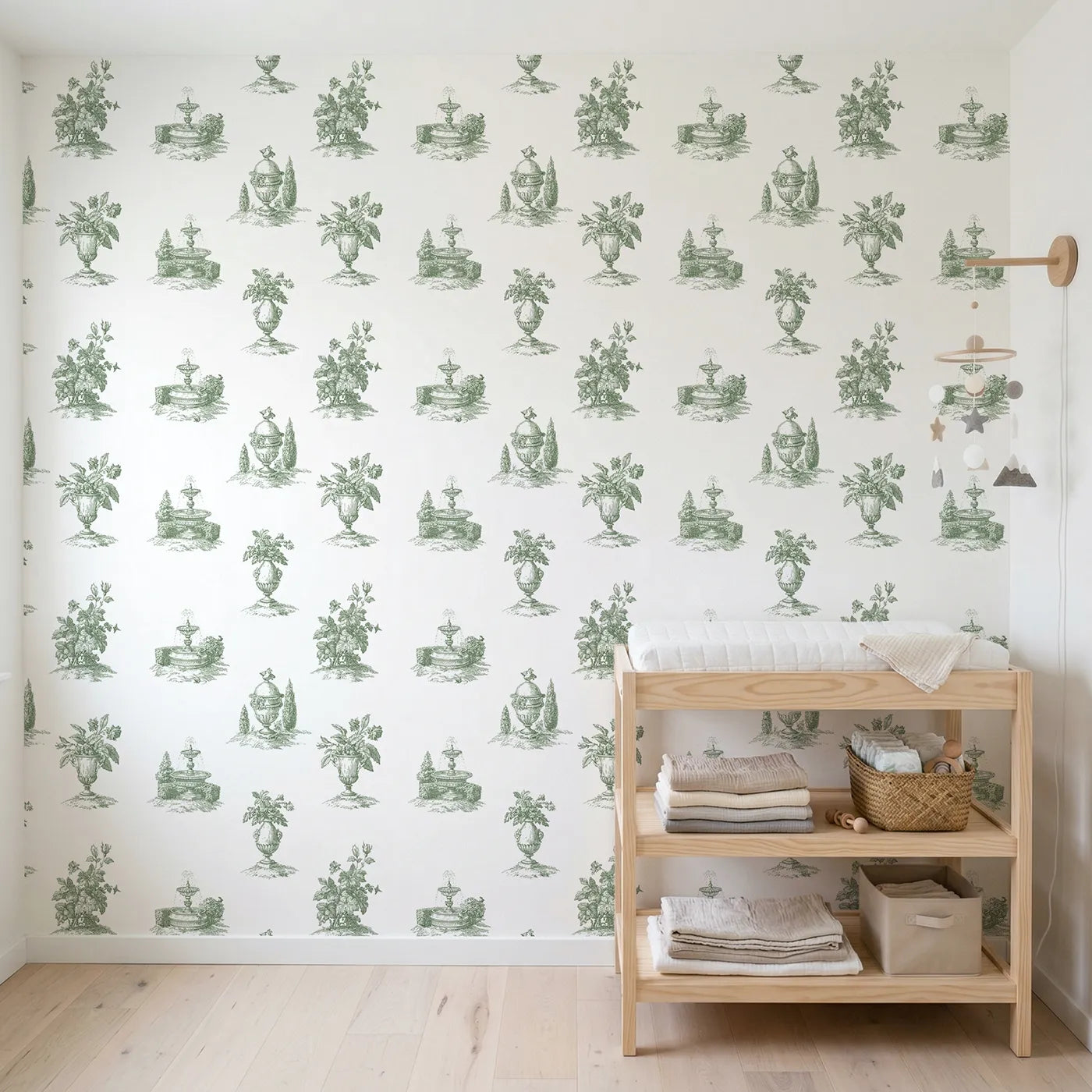 Fountain Toile Scene in Green wallpaper in a styled nursery - Whimsy Tots
