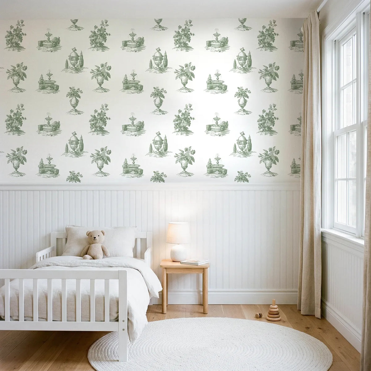 Fountain Toile Scene in Green wallpaper above wainscoting - Whimsy Tots