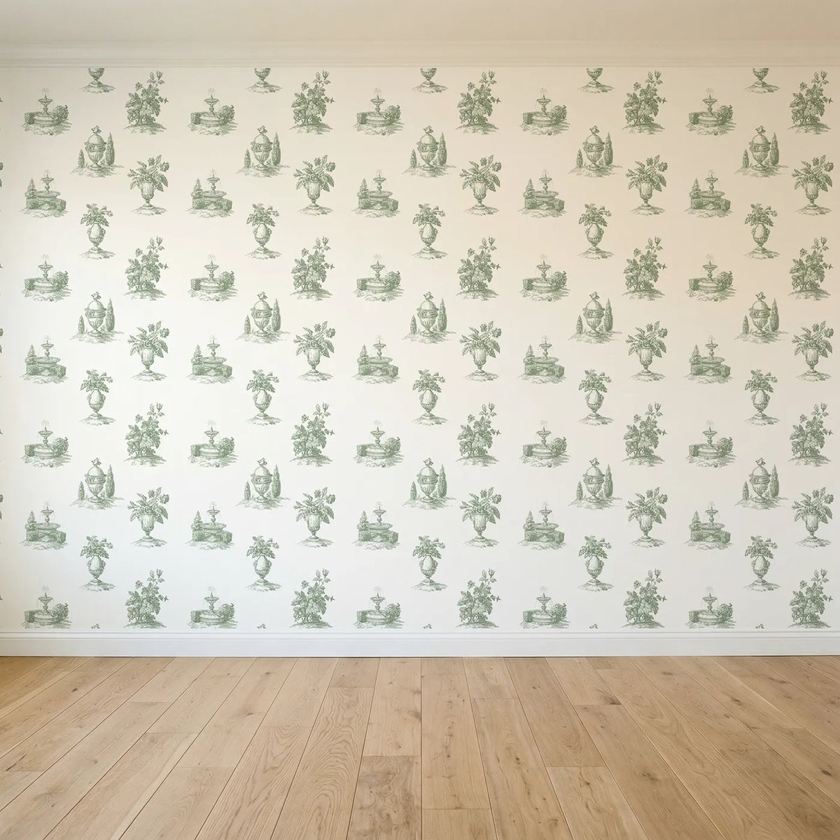 Fountain Toile Scene in Green seamless wallpaper full pattern - Whimsy Tots
