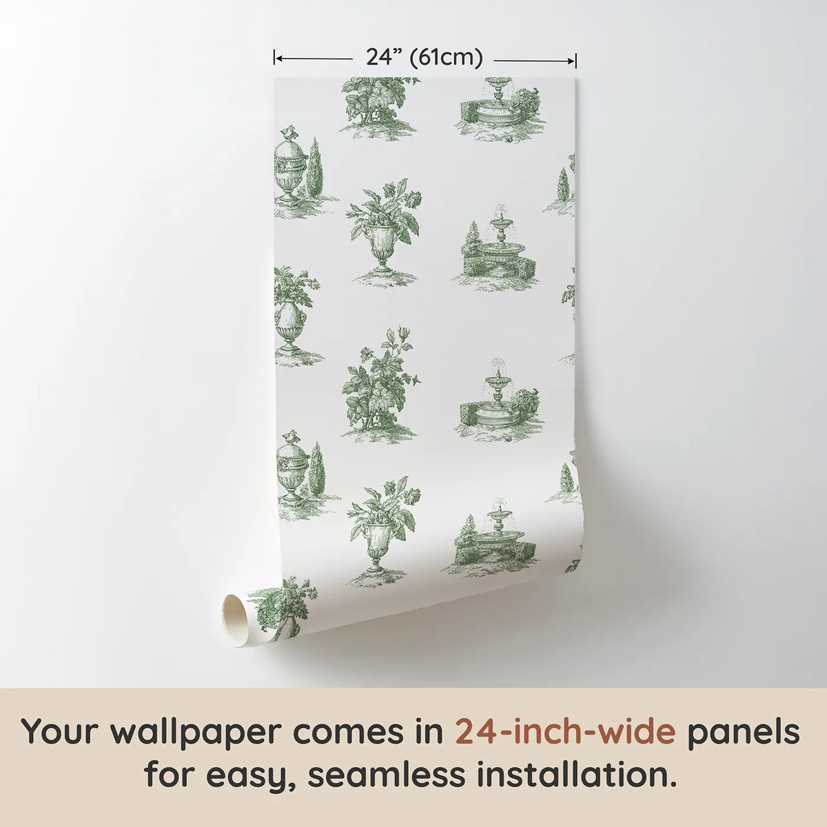 Fountain Toile Scene in Green wallpaper panel dimensions - Whimsy Tots