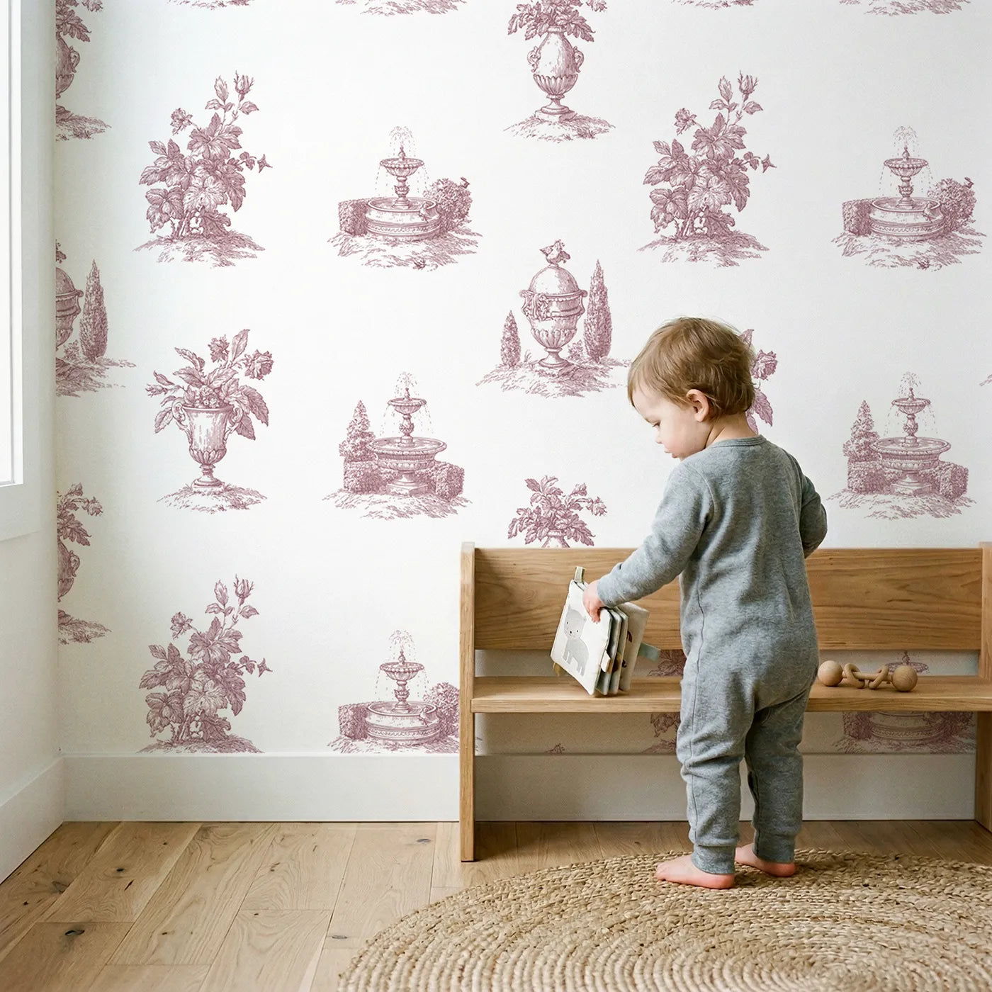 Fountain Toile Scene in Pink wallpaper in a cozy kids room - Whimsy Tots