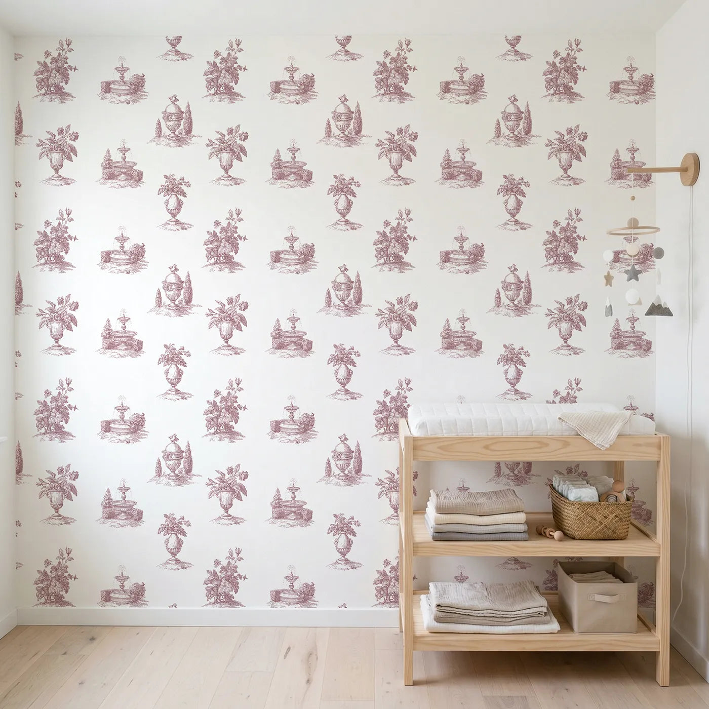 Fountain Toile Scene in Pink wallpaper in a styled nursery - Whimsy Tots