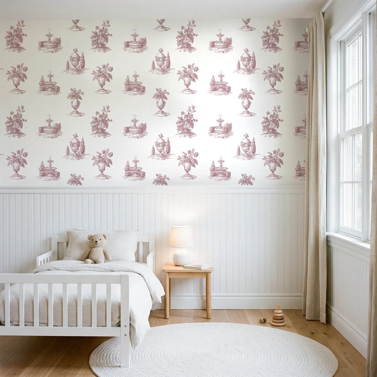Fountain Toile Scene in Pink wallpaper above wainscoting - Whimsy Tots