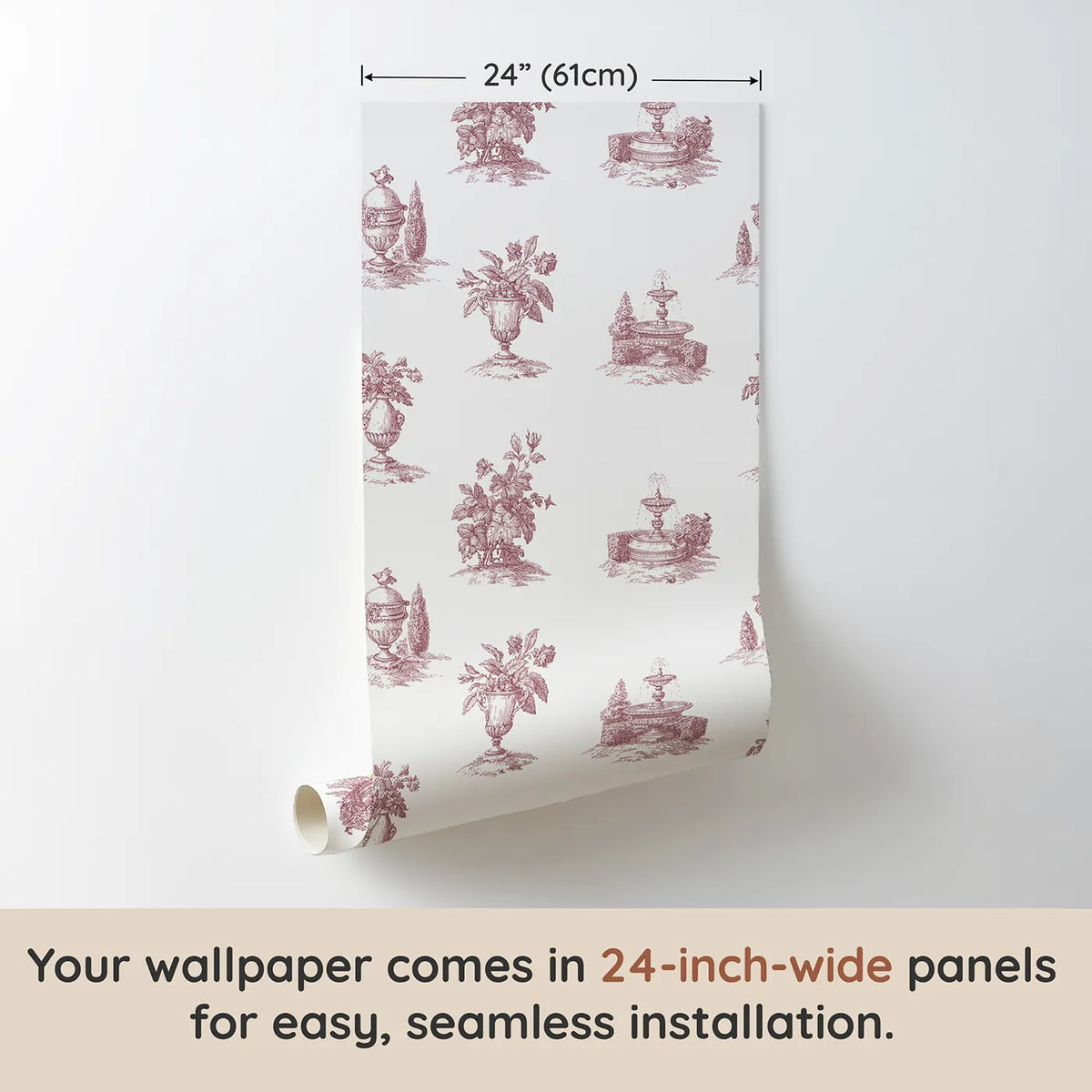 Fountain Toile Scene in Pink wallpaper panel dimensions - Whimsy Tots