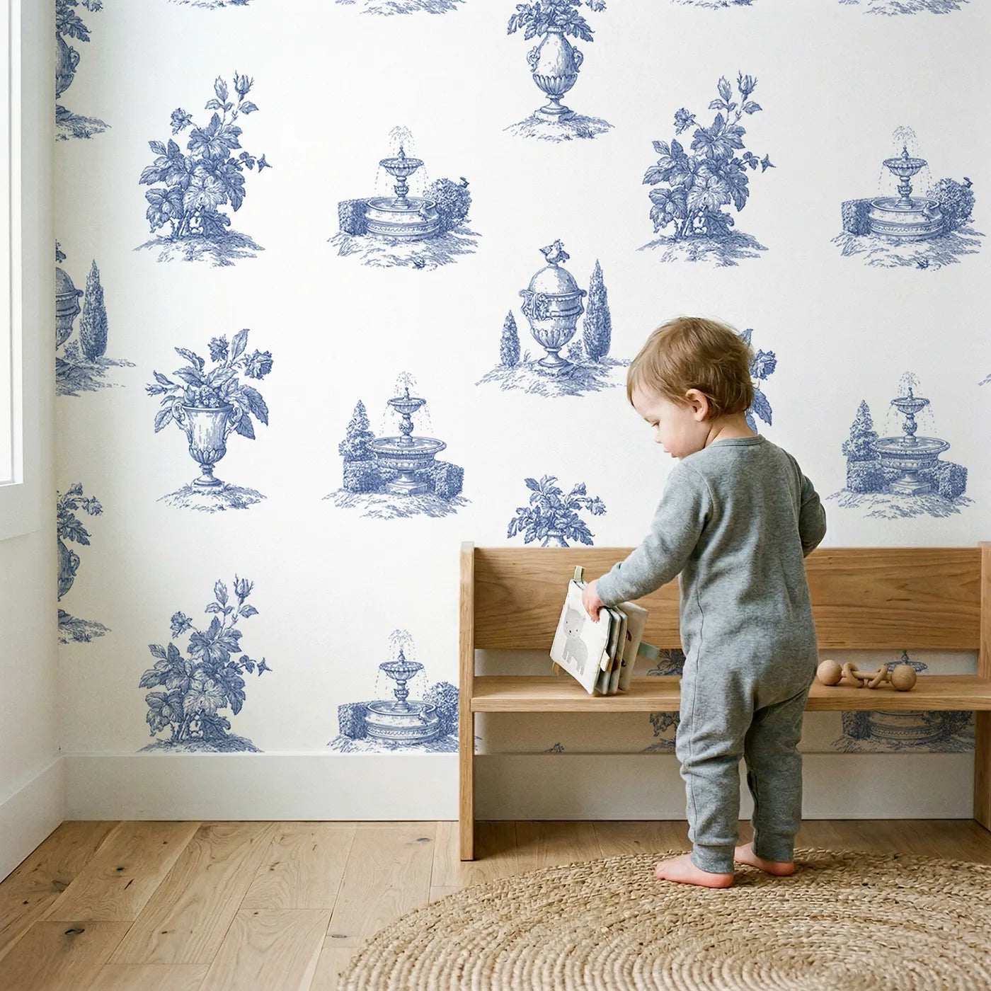 Fountain Toile Scene wallpaper in a cozy kids room - Whimsy Tots